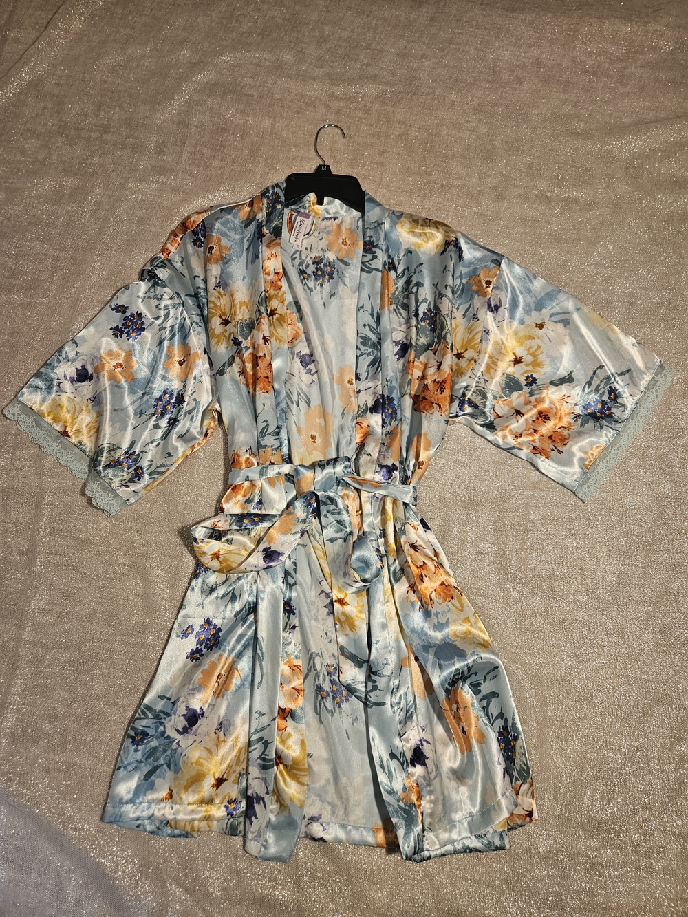 Floral Satin Kimono Robe in Light Blue and Peach